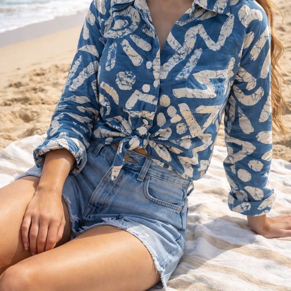 Haute Hippie Blue and White Abstract Shirt
